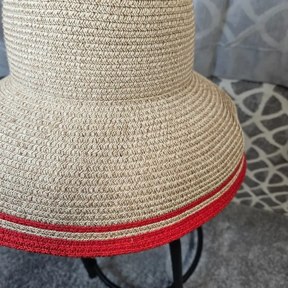 Betmar New York Paper Poly Blend Red Stripe Trim Wide Brim Bell Shape Sun Hat